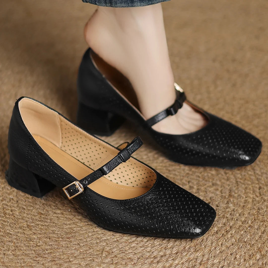 YICKYUE  -  Plus size 34-41 women's hollow-out sheepskin sweet bowtie metal buckle slip-on pumps 4cm thick med heel elegant ladies heels hot