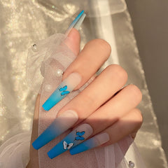 24pcs Blue Butterfly Scrub Matte Long Ballet Finished Nail Art Removable Press On Fake Nails Long T Wearing Reusable False Nails
