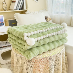 Yickyue Fur Autumn Winter Warm Blanket with Plush Ball Edge High End Comfortable Warmth Blankets for Beds Sofa Blanket for Throw