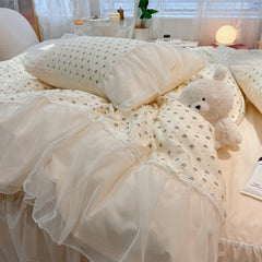 Yickyue Princess Chiffon 100% Cotton Duvet Cover Set with Bed Skirt All Cotton Bedding Set Soft Little Floral Quilt Cover and Pillowcase