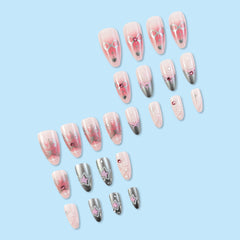 YICKYUE  -  24pcs Spicy Girl Style Fake Nails 3D Sliver Bow Butterfly Decor False Nails Wearable Y2k Sliver Pink Almond Press on Nail Tips