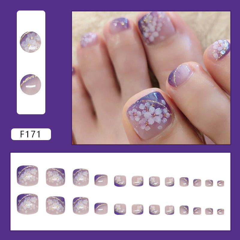 YICKYUE  -  24pcs Summer Blue False Toenails Shiny Powder Cat Eye Fake Toenails Tips Wearable Detachable Spice Girl Press on Toe nails