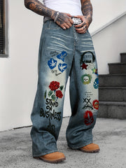 HEARUJOY  -  1pc Men's Street Style Wide Leg Faux Denim Jeans - Trendy Burnout Print, Loose Fit, Mid Waist, Non-Stretch, Zipper Placket for Daily Casual Wear