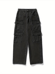Hearujoy Men's Solid Cargo Pants With Multi Pockets, Causal Cotton Blend Trousers For Outdoor Activities K-pop