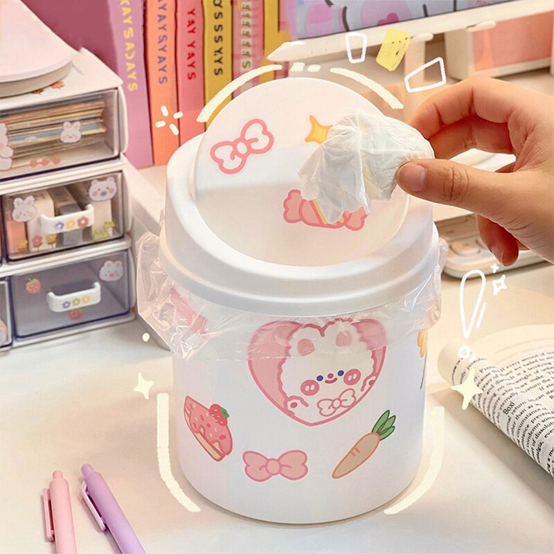 Kawaii Trash Can With Sticker Plastic Desk Storage Bucket Mini Cute Recycle Trash Bin For Home Office Car Kitchen Pencil Holder