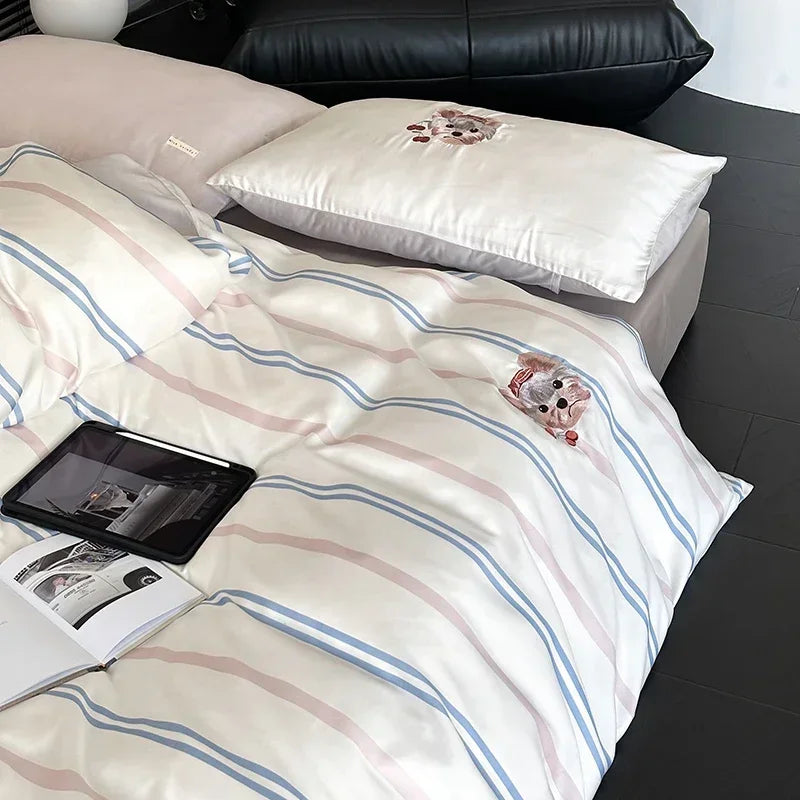 YICKYUE -  High End Cartoon Embroidered Queen Bedding Set 100% Lyocell Stripes Skin Friendly Duvet Cover Set Natural Plant Quilt Cover Sets