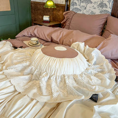 YICKYUE  100% Cotton Vintage French Pleated Lace Ruffles Bow Princess Bedding Set Duvet Cover Set Bed Skirt Bedspread Pillowcases