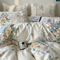 YICKYUE  -  100% Cotton Bedding Set Korean Style Flowers Printing Quilt Covers Lace Princess Duvet Cover Bedspread Bed skirt Pillowcases