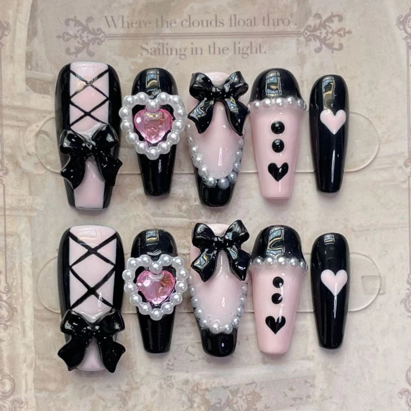YICKYUE  -  10pcs Black Edge French Press on Nails Wearable Pink Med-length Ballet False Nail Love Pearl Bow Design Full Cover Nail Tips Art