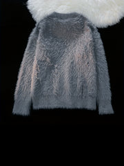 Casual Crew Neck Faux Mink Fur Knit Sweater for Adults, Polyester Blend, Loose Fit, Solid Color, Medium Stretch, with Braided Detail, for Fall/Winter Collection