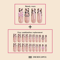 YICKYUE  -  Luxury Ladies 24Pcs/Set Super Long Square French Leopard Print Pink Bow Heart Decoration Wearable Fake Nail  Press on Nail Art