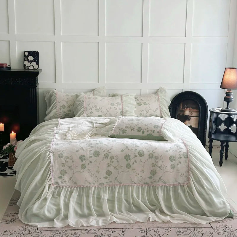 YICKYUE  -  Pink Princess Lace Ruffles Flowers Carved Velvet Warm 4Pcs Bedding Set Duvet Cover Bed Sheet/Fitted Sheet/Bed Skirt Pillowcases
