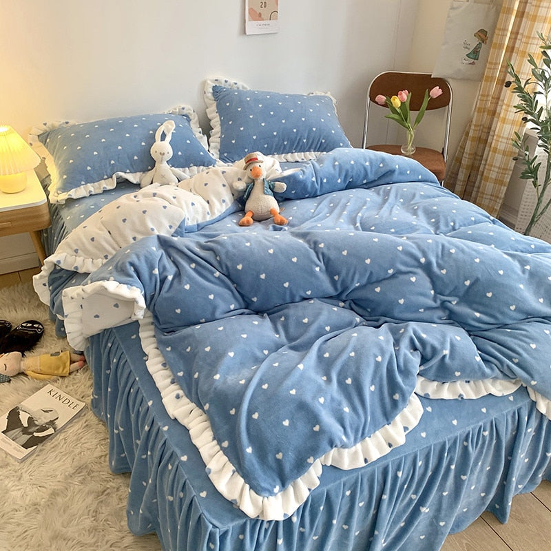 Yickyue Gray plaid Bedding set milk cashmere bed set Queen King Size 4Pcs(1 Duvet Cover 1Bed skirt Pillow Shams)