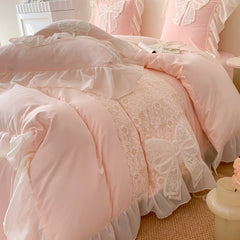 YICKYUE  -  Korean Princess Wind Bedding Set Lace Bow Solid Color Beautiful Edge Lace Pleated Bedding Cover Luxury Girl Wedding Home Bed