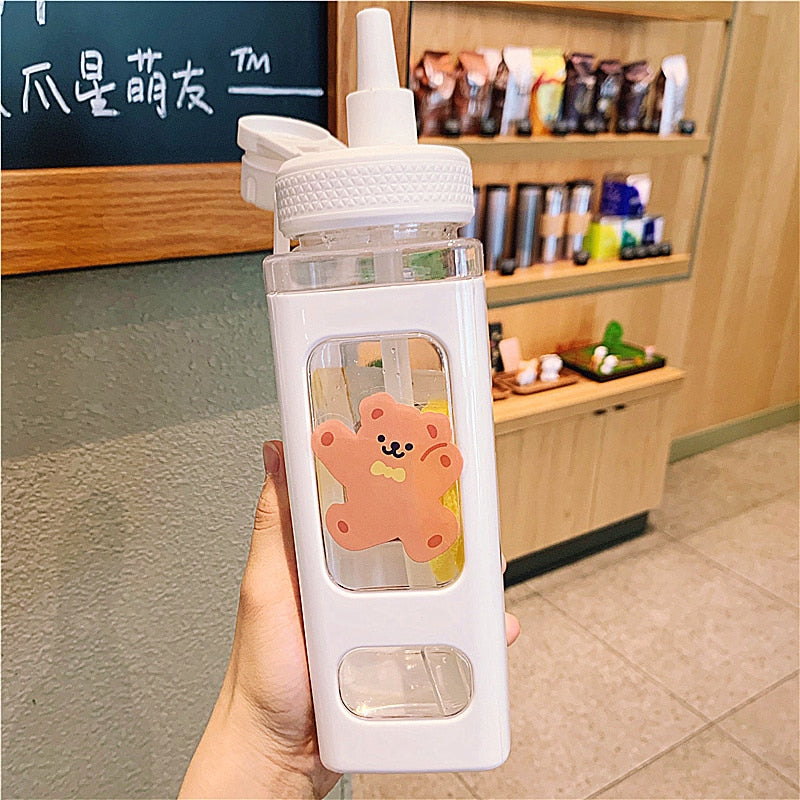 Kawaii Bear Water Bottle With Straw For Girls Children Cute Plastic School Drinking Bottle Juice Tea Cups BPA Free 700/900ml