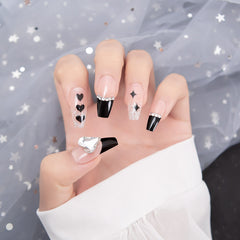 24PCS Glitter Nails Set Press On With Adhesive Strips Korean Cute Black Heart Design Fake Nails Full Coverage Nails for girls