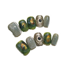 YICKYUE  -  10 pcs Luxury Shiny Handmade Press on Nails Short French Green Halo Dyeing Cat Eye Design Wearable Manicure Nail Tips Art