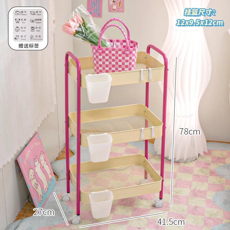 YICKYUE  -  3 Layer Contrast Color Trolley Storage Shelf Multi-layer Movable Trolley Cosmetics Snack Storage Rack Bathroom Mobile Shelf Home