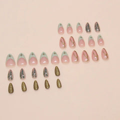 YICKYUE  -  24pcs Baroque Gold False Nails Green Crocodile pattern Fake Nails Tips Women Wearable Detchable French Almond Press on Nails