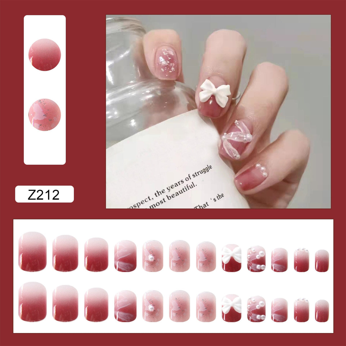 24pcs/box Detachable Fake Nails Set Pink Butterfly Full Nail Art Tips Beauty Nail Artificial False Nails Tips With Wearing Tools