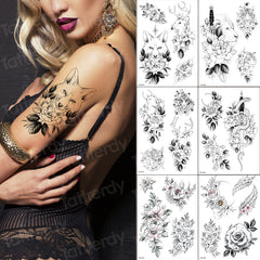 YICKYUE  -  sketches tattoo designs 6pcs/lot fox rose flowers tattoo sticker women girl sexy body tattoos black big size waterproof decal