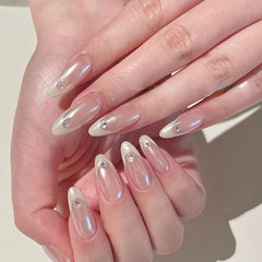 YICKYUE  -  10pcs Handmade Oval Press On Nails Aurora French False Nails White Edge Rhinestone Design Nails Art Full Cover Wearable Manicure