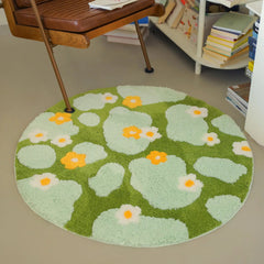 YICKYUE  -  Green Moss Daisy Round Rug Aesthetic Home Soft Carpet Kids Room Non-Slip Computer Chair Floor Mats Thick Tufted Rug Bedroom