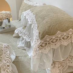 YICKYUE  -  Vintage French Double Layer Lace Ruffles Carved Velvet Bedding Set, Furry Warm Duvet Cover, Flat/Fitted Bed Sheet, Pillowcases