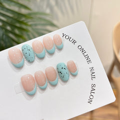 YICKYUE  -  Handmade Refreshing Mint French Short Oval Press On Nails Eggshell Design False Nails Wearable Manicure For Women And Girls