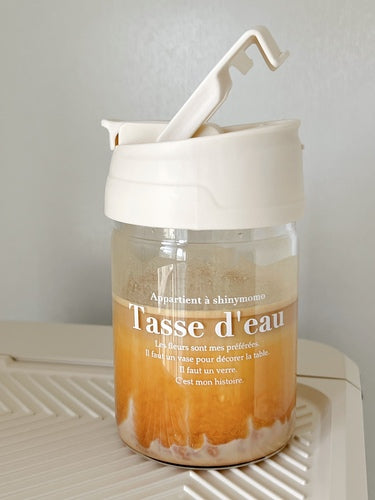 YICKYUE  -  Creative French Transparent Glass Ins Korean Style Portable Picnic Water Cup with Straw Carrying Cup Water Cup Cover Cute Cup
