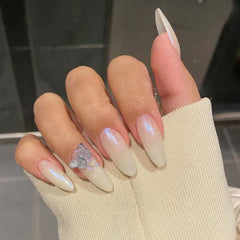 Solid Color Mirror Effect Nail Small Butterfly Coffin Nail Metallic Long White Curved Fake Nail Tips Adult Ballerina Nails