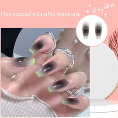 24Pcs Gradient Gray-black False Nails with Green Edge French Long Coffin Press on Finger Nail Fake Nails Women Girls Manicure