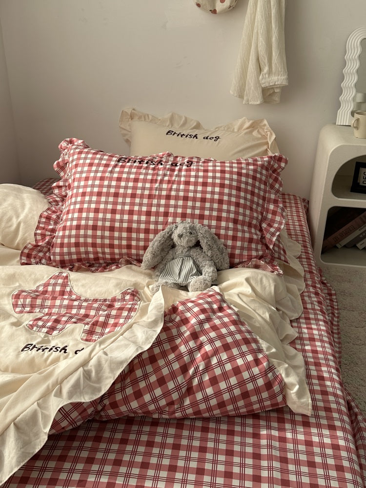 YICKYUE  -  Korean Red Gingham Bedding - Puppy Appliqué 4pc Washed Cotton Set