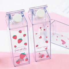 500ML Creative Cute Plastic Clear Milk Carton Water Bottle Fashion Strawberry Transparent Milk Box Juice Water Cup for Girls