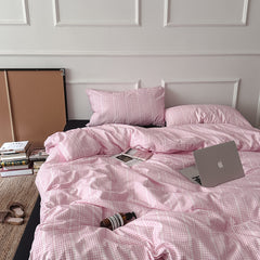 YICKYUE  -  INS Korean Style Girl Plaid 100% Cotton 4-Piece Bedding Set