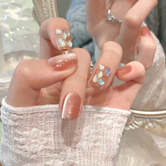 YICKYUE  -  Handmade Sweet Pink Cat Eye Press on Nails Glitter Diamond Decor False Nail Tips Wearable Full Cover Korean Short False Nails