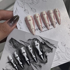 YICKYUE  -  10Pcs White Handmade Press on Nails Long Almond Fake Nails with Bones Design Removable Acrylic Nail Art Tips for Girls Halloween