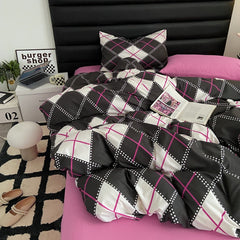 Yickyue Fashion Style Pink,Black 4pcs Bedding Set Luxury Pure Cotton Soft Duvet Cover Comforter Pillowcases Bed Flat Sheet Set for Girl