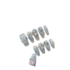 YICKYUE  -  10pcs/box with Tool Box Snow Diamond Handmade Nails Pure Manual XS S M L Crystal Haze Blue False Nail Full Cover Press on Nails