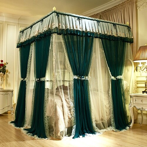 Pink Gray Green Double-deck Romantic White Lace Luxury Palac Style Three-door Quadrate Floor-standing Mosquito Net Bedding Set