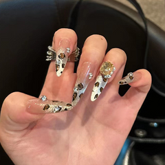 YICKYUE  -  Cat Eye Leopard Pattern Handmade Press on Nails Wearing Armor Chain Bow Pearl Cartoon Cat Minimalist Nail Art