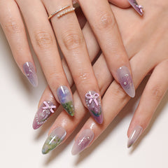 YICKYUE  -  24pcs Wearable Pastoral Style False Nails Long Almond Nails Press On Nails With 3D Bow Pearls Designs Flash Cat's Eye Fake Nails