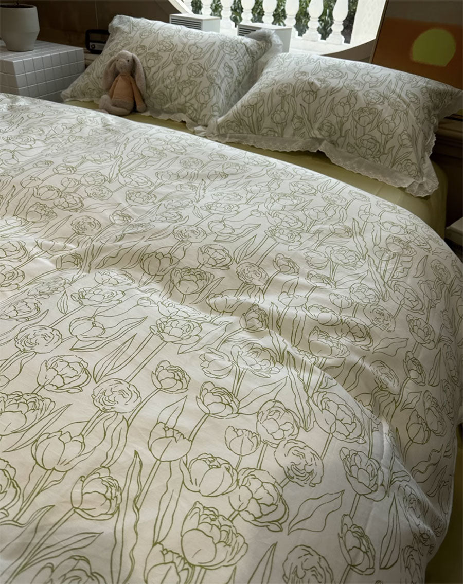 YICKYUE  -  Fashion pastoral flower green tulip lace beding set,twin full queen lovely cotton home textile bed sheet pillow case quilt cover