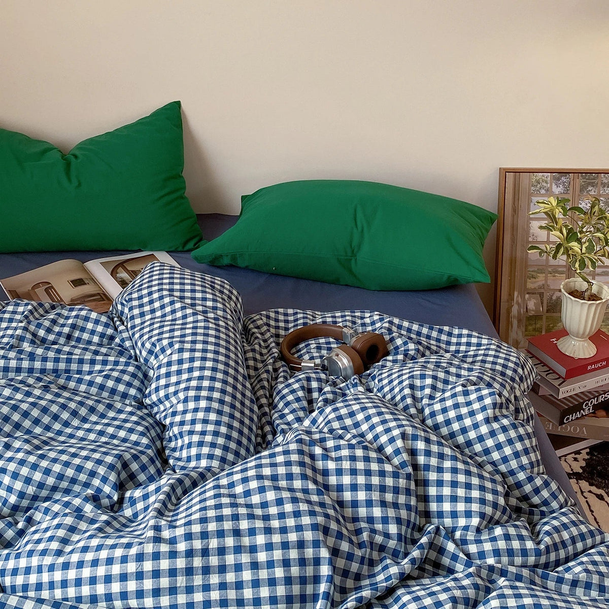 Retro Blue Cotton Quilt Cover Set Waed Plaid Bedding Four-Piece Set Pure Cotton eet Duvet Cover Bedding Accories