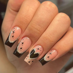 YICKYUE  -  Punk Black Blue Halo Dyeing Stars Rhinestone Ballet Fake Art Nail Detachable Finished False Nail Tip Press on Nail Glue Manicure