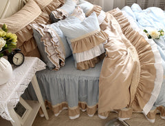 Europe Classic Bule grid Plaid Bedding Set Ruffle Duvet Cover Elegant Splicing Bedspread Wrinkle Queen Size Pillowcase HM15B