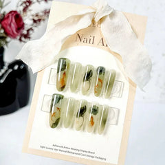 YICKYUE  10Pcs Oriental-Themed Press-On Nails with Lotus Leaf,Koi Fish,Bamboo Patterns Crescent Moon Designs Nail Tips for Women&Girls