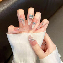 YICKYUE  -  Medium Length Fake Nails 3D Rhinestone Designs Nude With Star Color Press on Nails Pointy False Nails for Women DIY Nails