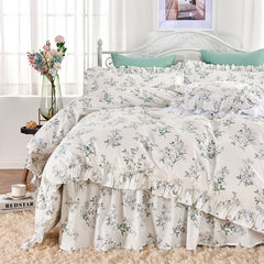 YICKYUE  -  Elegant flower ruffle bedding set,twin full queen king fresh pastoral floral cotton bedclothes bed dress pillow case quilt cover