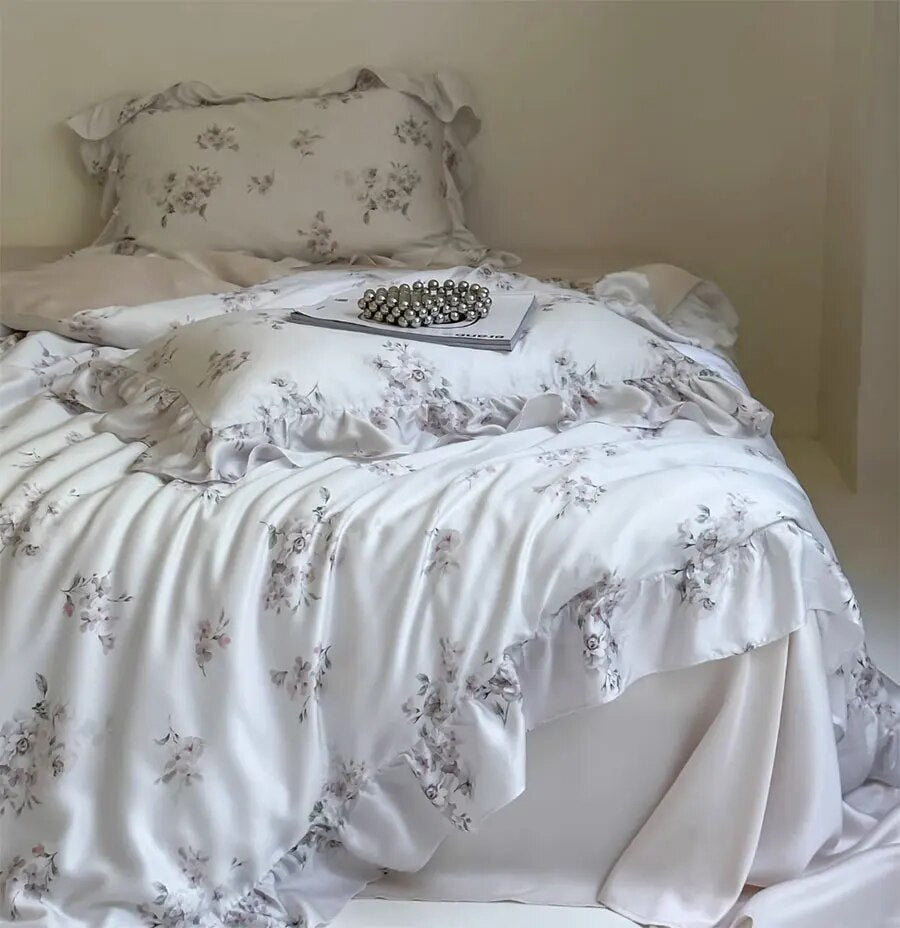 Yickyue -  fairyfair flower ruffled beding set,full queen king french rustic floral home textile flat sheet pillowcase duvet cover
